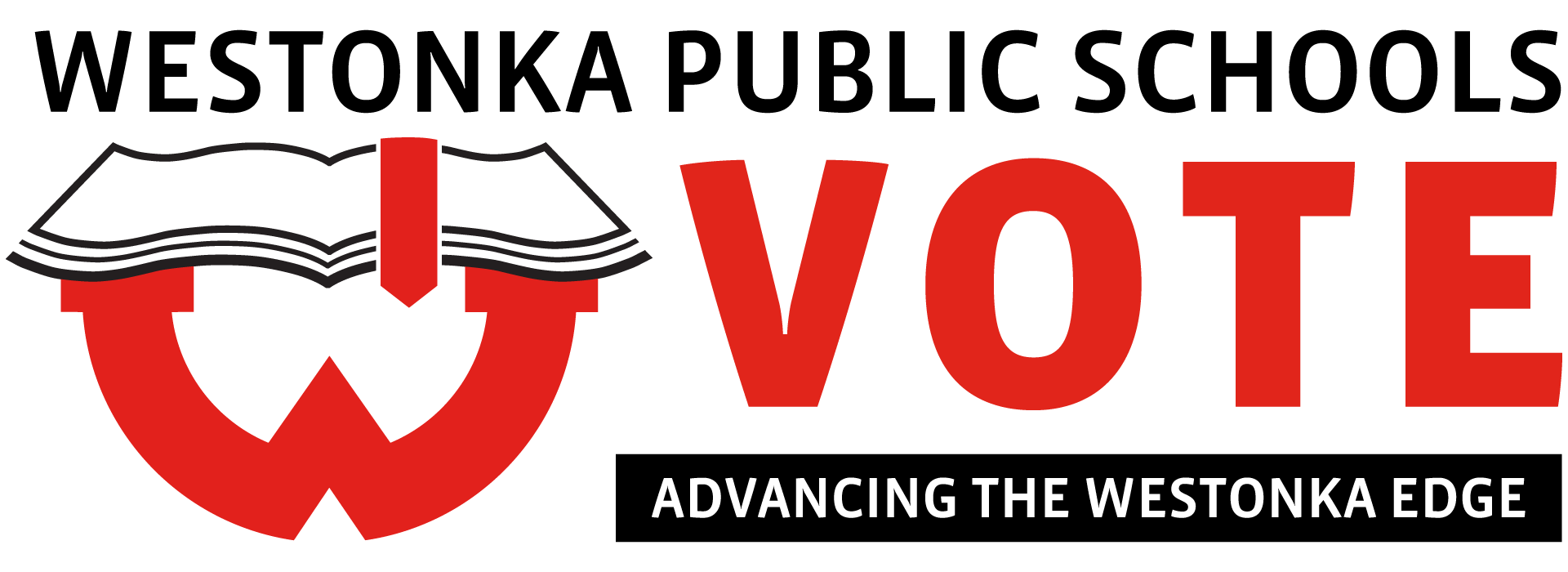 graphic that says "westonka public schools, vote, advancing the westonka edge"